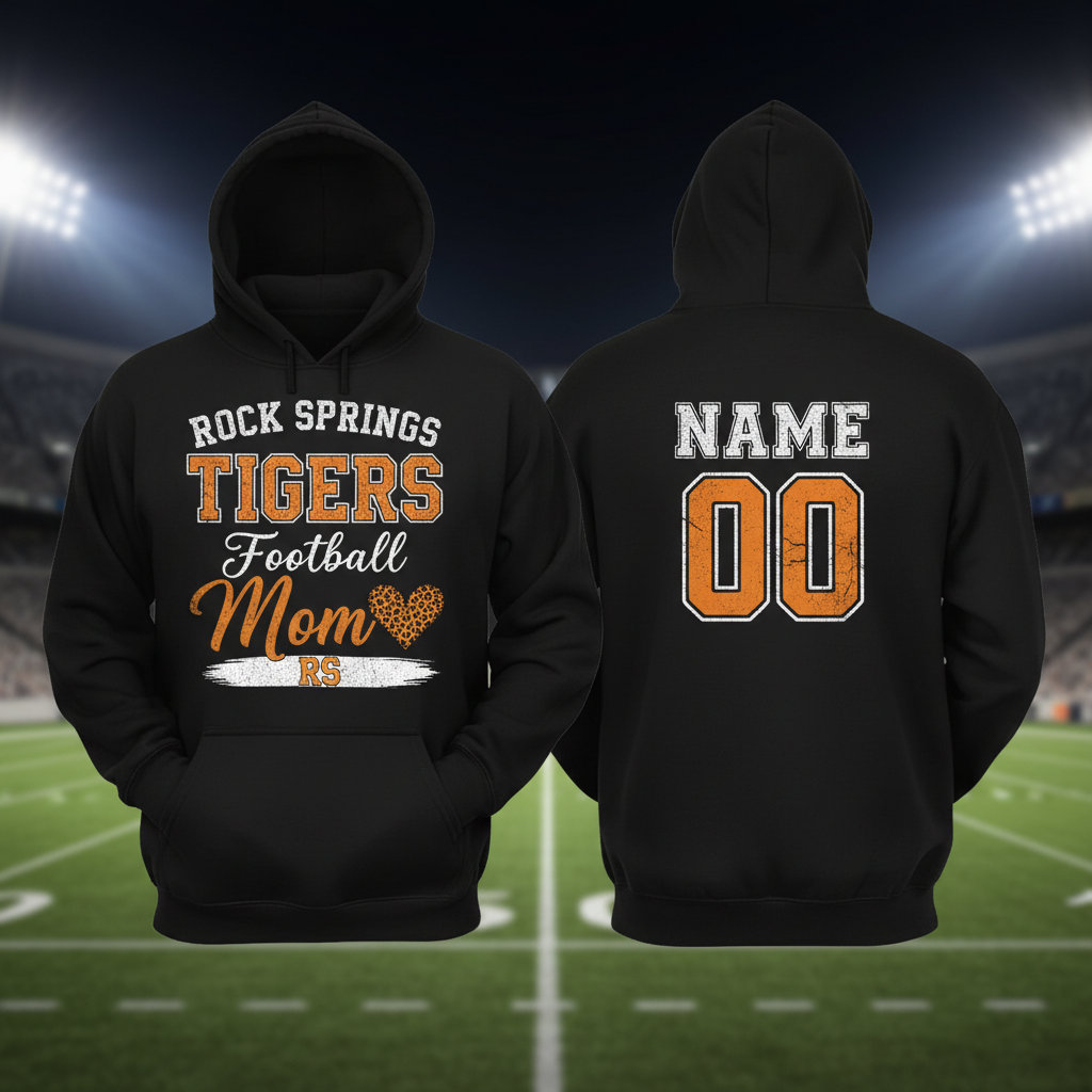 Football Mom Hoodie Rock Springs Tigers front and back mockup