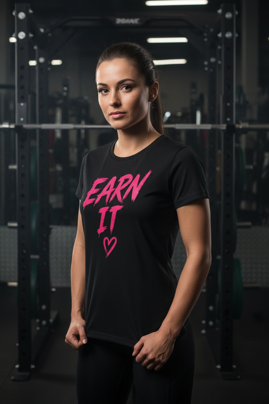 Earn It Women's Black Tee - Live Model Mockup